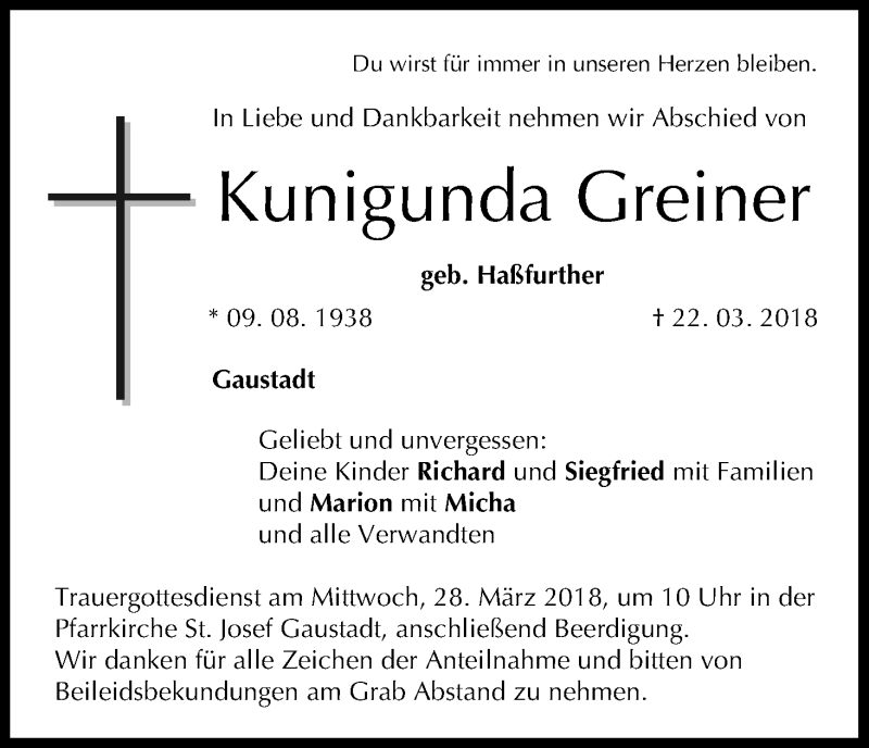  Traueranzeige für Kunigunda Greiner vom 24.03.2018 aus MGO