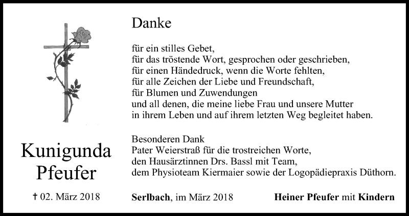  Traueranzeige für Kunigunda Pfeufer vom 17.03.2018 aus MGO