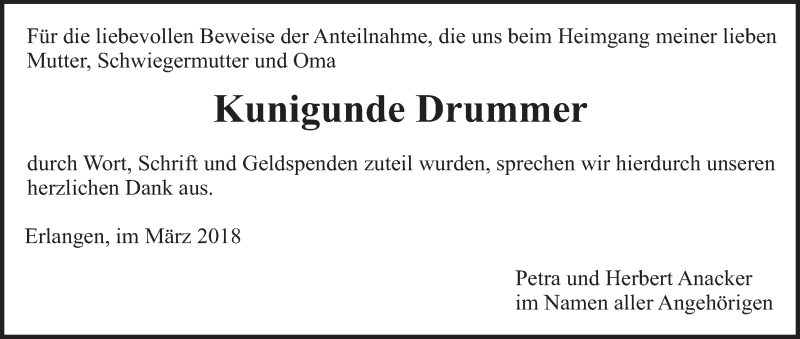  Traueranzeige für Kunigunde Drummer vom 17.03.2018 aus MGO