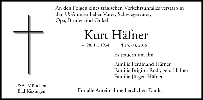  Traueranzeige für Kurt Häfner vom 31.03.2018 aus MGO