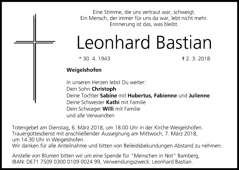  Traueranzeige für Leonhard Bastian vom 05.03.2018 aus MGO