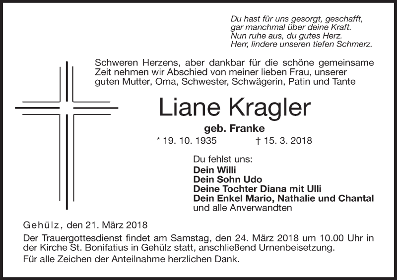  Traueranzeige für Liane Kragler vom 21.03.2018 aus MGO