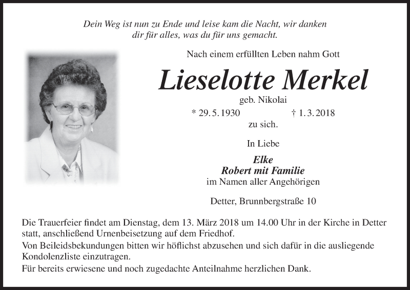  Traueranzeige für Lieselotte Merkel vom 10.03.2018 aus MGO