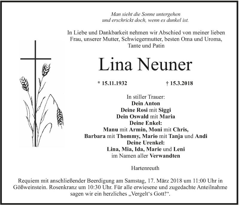  Traueranzeige für Lina Neuner vom 16.03.2018 aus MGO