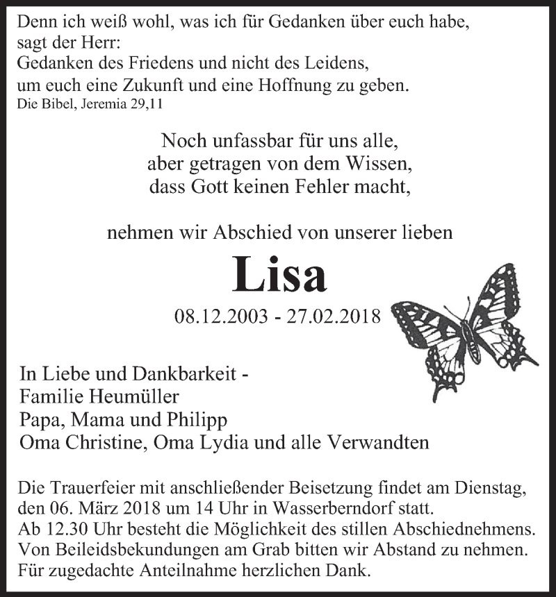  Traueranzeige für Lisa  vom 03.03.2018 aus MGO