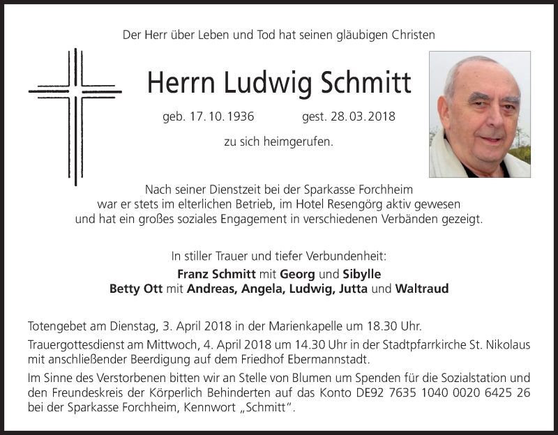  Traueranzeige für Ludwig Schmitt vom 31.03.2018 aus MGO