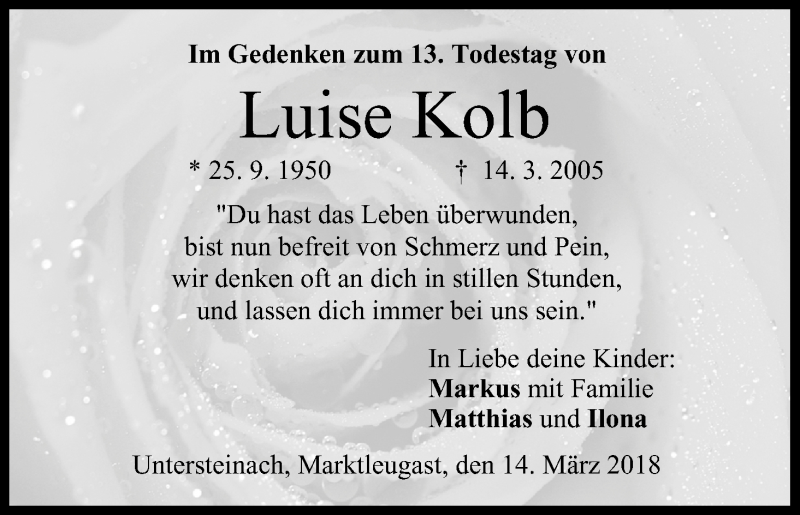  Traueranzeige für Luise Kolb vom 14.03.2018 aus MGO
