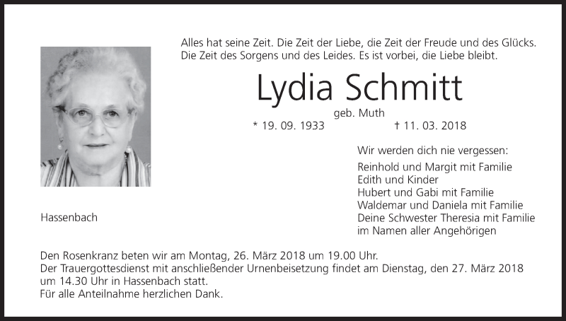  Traueranzeige für Lydia Schmitt vom 24.03.2018 aus MGO