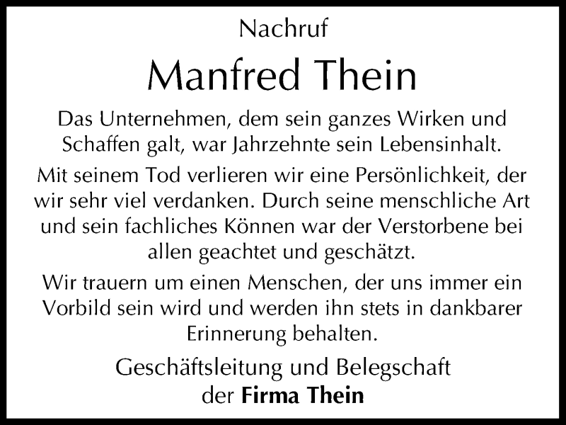  Traueranzeige für Manfred Thein vom 28.03.2018 aus MGO