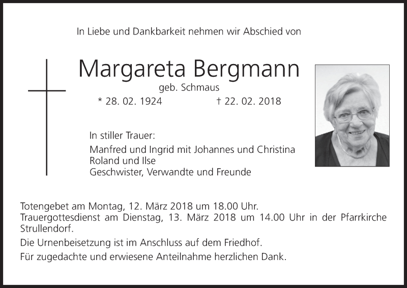  Traueranzeige für Margareta Bergmann vom 10.03.2018 aus MGO