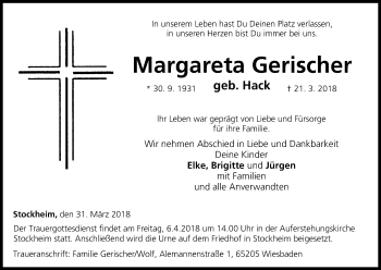 Anzeige von Margareta Gerischer von MGO