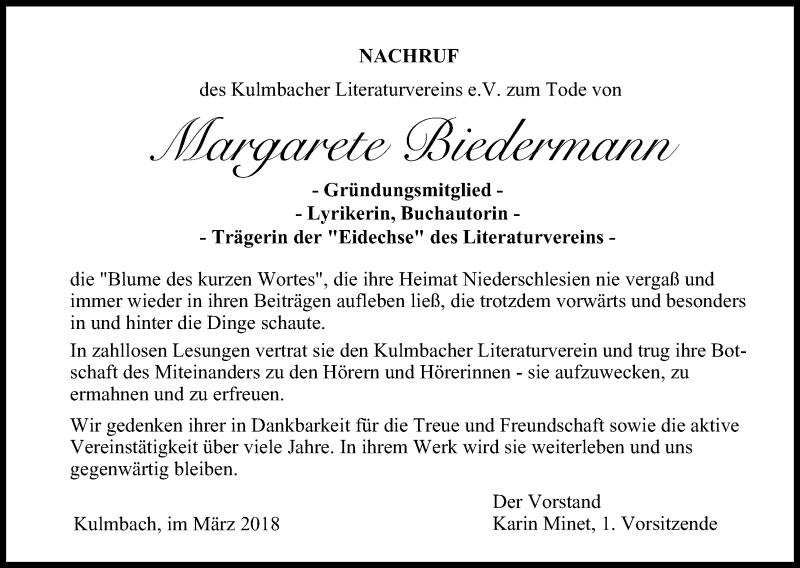  Traueranzeige für Margarete Biedermann vom 15.03.2018 aus MGO