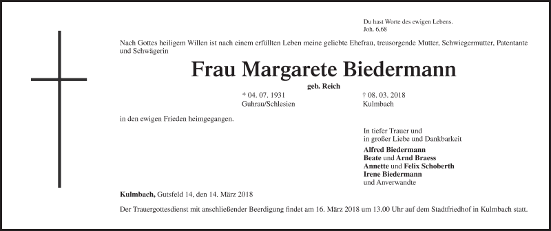  Traueranzeige für Margarete Biedermann vom 14.03.2018 aus MGO