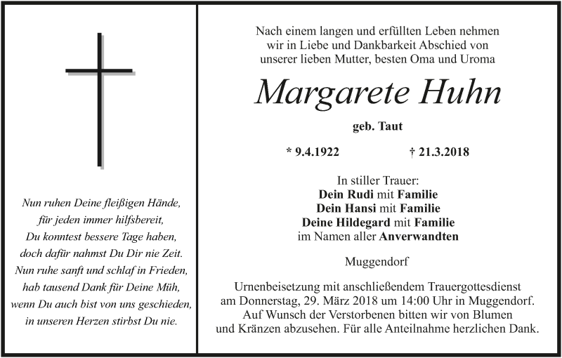 Traueranzeige für Margarete Huhn vom 24.03.2018 aus MGO