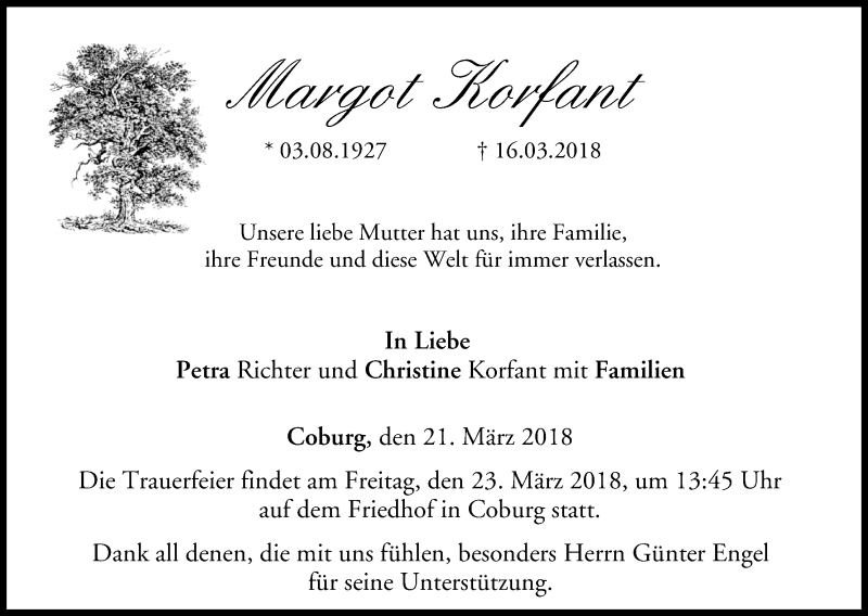  Traueranzeige für Margot Korfant vom 21.03.2018 aus MGO