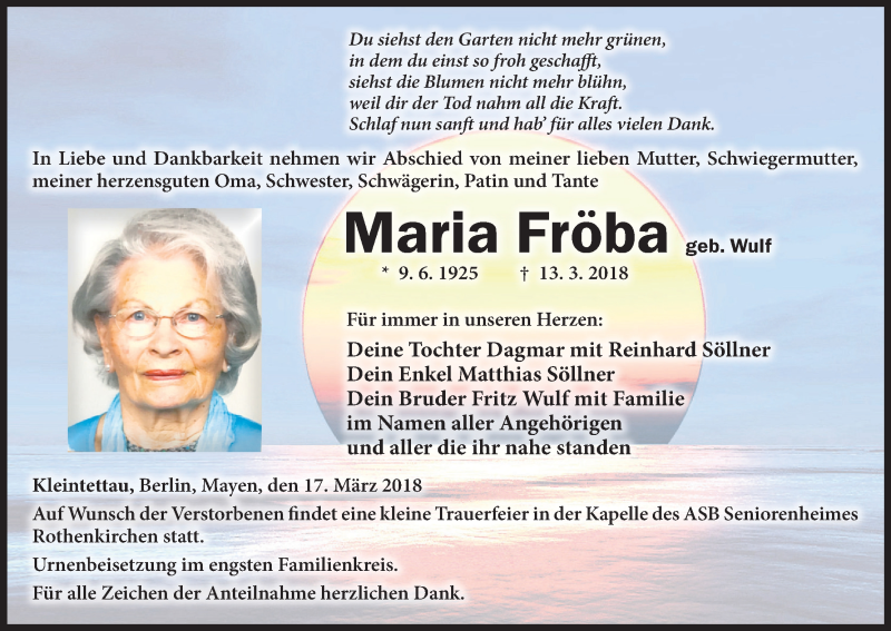  Traueranzeige für Maria Fröba vom 17.03.2018 aus MGO