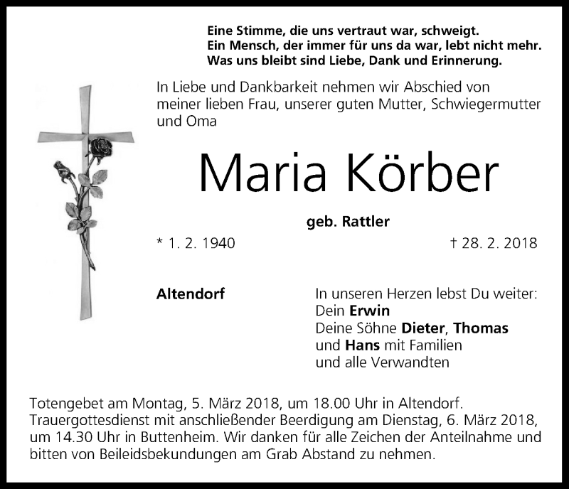  Traueranzeige für Maria Körber vom 02.03.2018 aus MGO