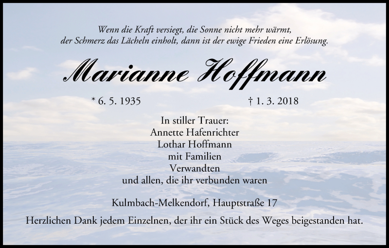  Traueranzeige für Marianne Hoffmann vom 31.03.2018 aus MGO