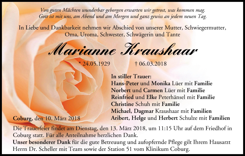  Traueranzeige für Marianne Kraushaar vom 10.03.2018 aus MGO