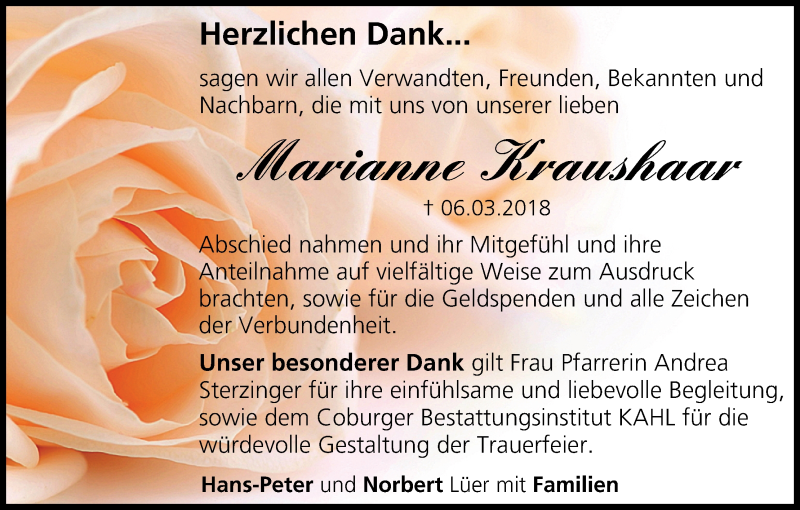  Traueranzeige für Marianne Kraushaar vom 17.03.2018 aus MGO