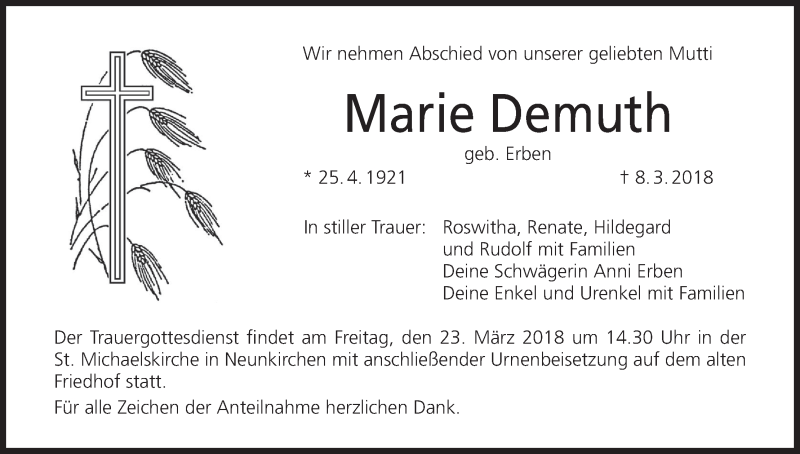  Traueranzeige für Marie Demuth vom 21.03.2018 aus MGO