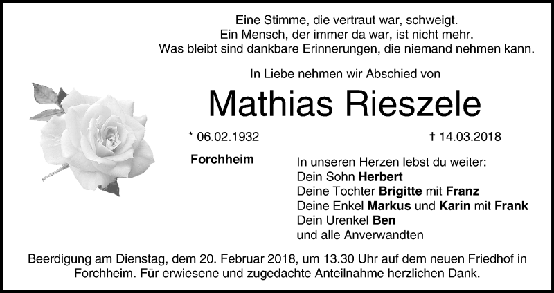  Traueranzeige für Mathias Rieszele vom 17.03.2018 aus MGO