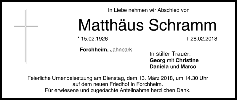  Traueranzeige für Matthäus Schramm vom 10.03.2018 aus MGO