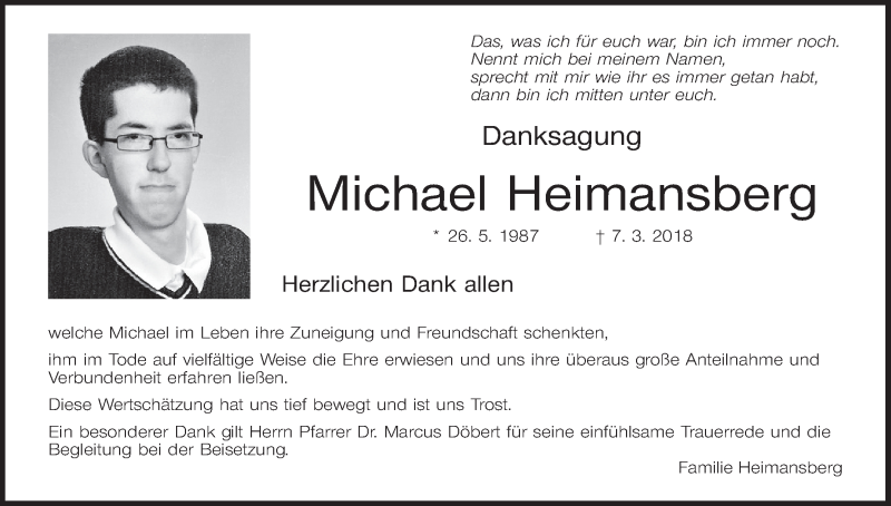  Traueranzeige für Michael Heimansberg vom 24.03.2018 aus MGO
