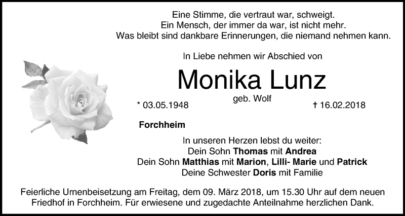  Traueranzeige für Monika Lunz vom 03.03.2018 aus MGO