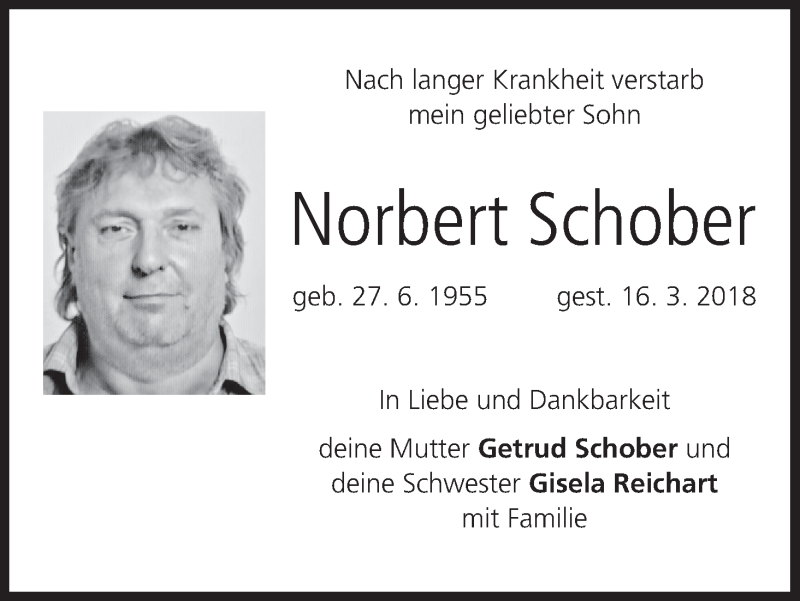  Traueranzeige für Norbert Schober vom 22.03.2018 aus MGO