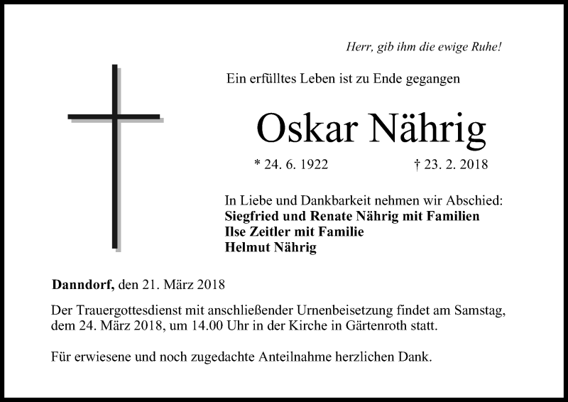  Traueranzeige für Oskar Nährig vom 21.03.2018 aus MGO
