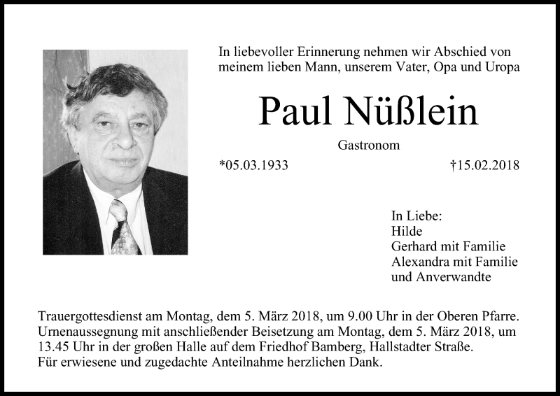  Traueranzeige für Paul Nüßlein vom 03.03.2018 aus MGO