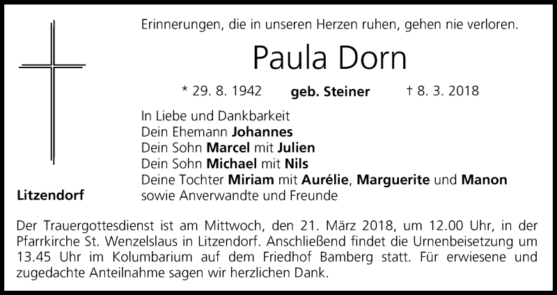  Traueranzeige für Paula Dorn vom 17.03.2018 aus MGO