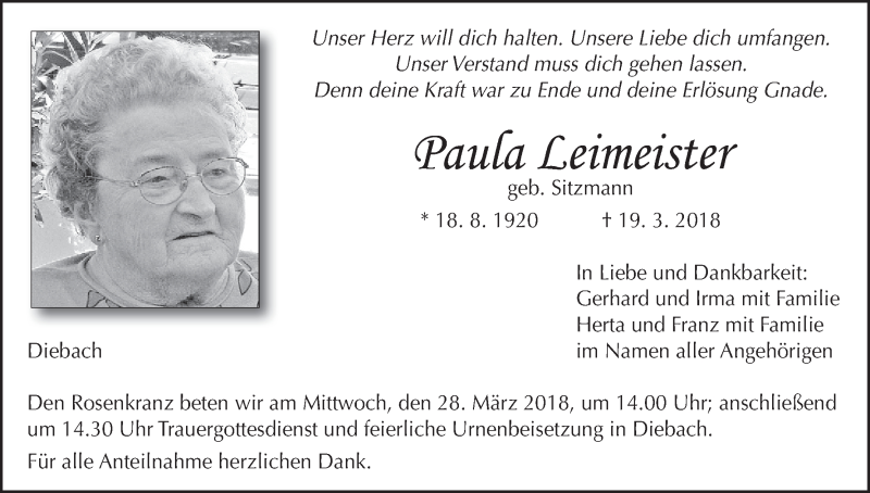  Traueranzeige für Paula Leimeister vom 24.03.2018 aus MGO