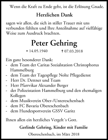 Anzeige von Peter Gehring von MGO