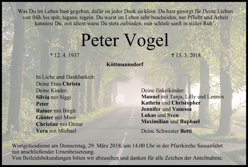  Traueranzeige für Peter Vogel vom 24.03.2018 aus MGO