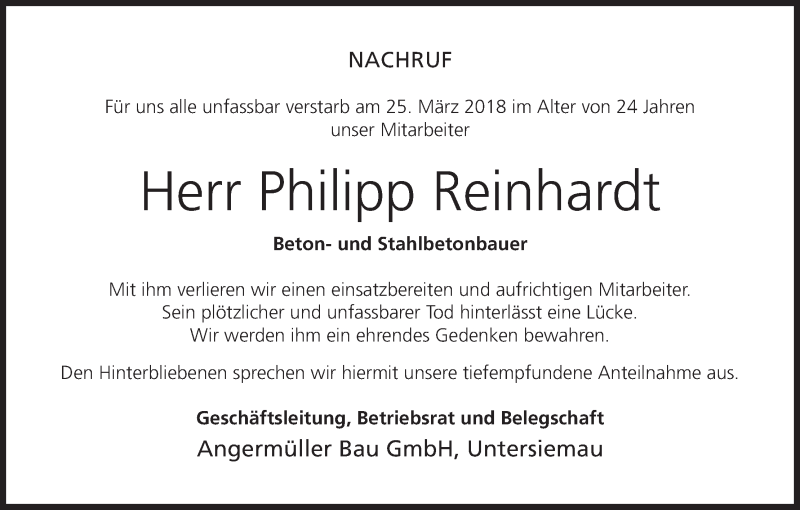  Traueranzeige für Philipp Reinhardt vom 29.03.2018 aus MGO