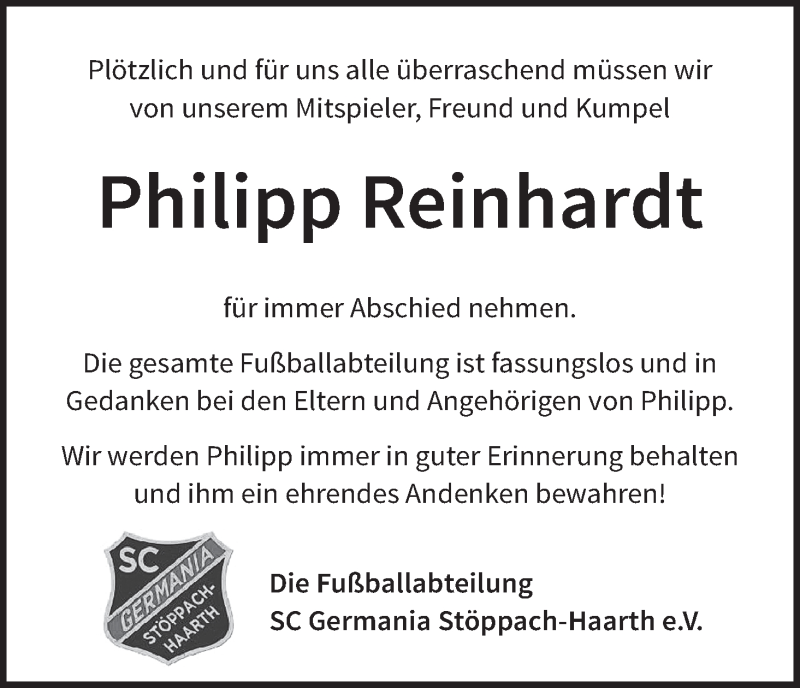  Traueranzeige für Philipp Reinhardt vom 31.03.2018 aus MGO