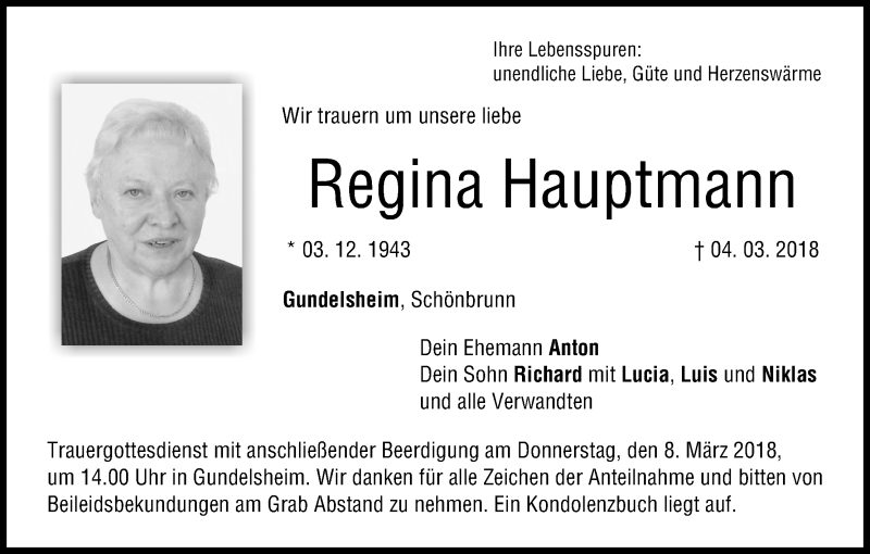  Traueranzeige für Regina Hauptmann vom 06.03.2018 aus MGO