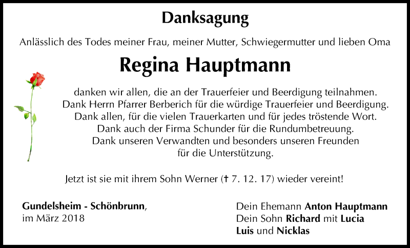  Traueranzeige für Regina Hauptmann vom 24.03.2018 aus MGO