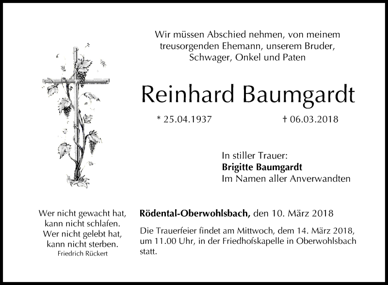  Traueranzeige für Reinhard Baumgardt vom 10.03.2018 aus MGO