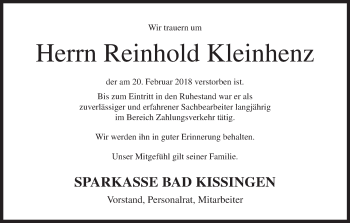 Anzeige von Reinhold Kleinhenz von MGO