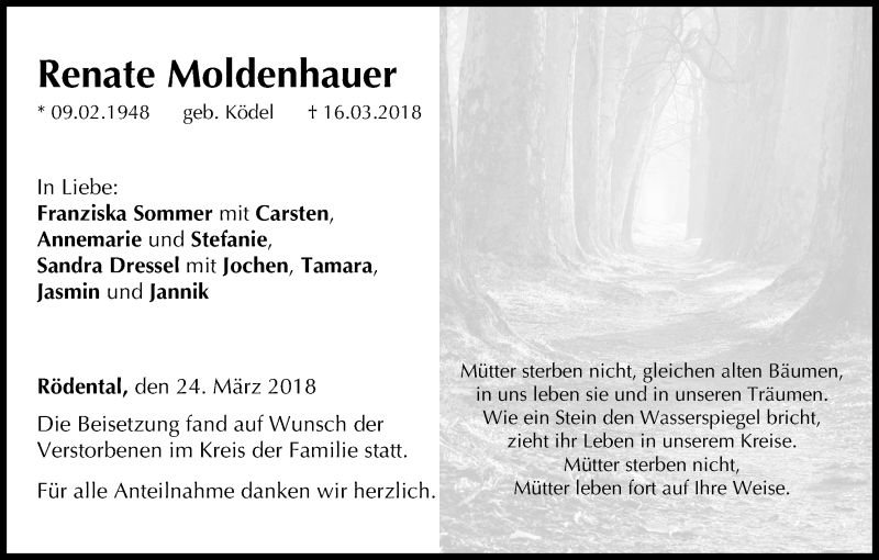  Traueranzeige für Renate Moldenhauer vom 24.03.2018 aus MGO
