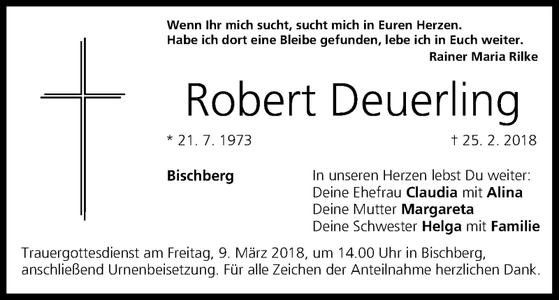  Traueranzeige für Robert Deuerling vom 03.03.2018 aus MGO
