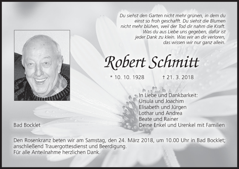  Traueranzeige für Robert Schmitt vom 23.03.2018 aus MGO