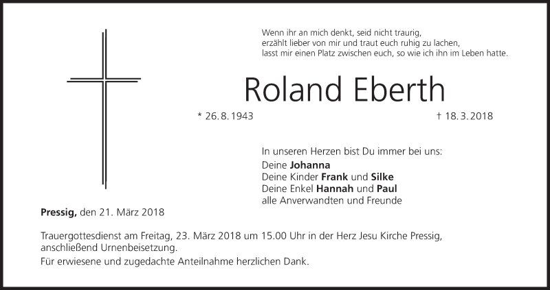  Traueranzeige für Roland Eberth vom 21.03.2018 aus MGO
