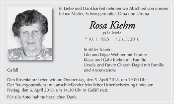 Anzeige von Rosa Kiehm von MGO