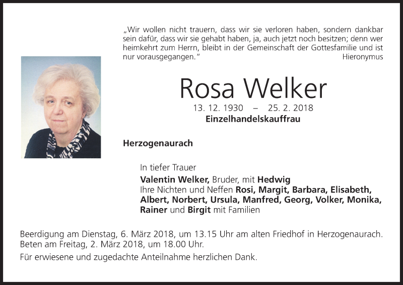  Traueranzeige für Rosa Welker vom 01.03.2018 aus MGO