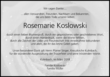 Anzeige von Rosemarie Koslowski von MGO
