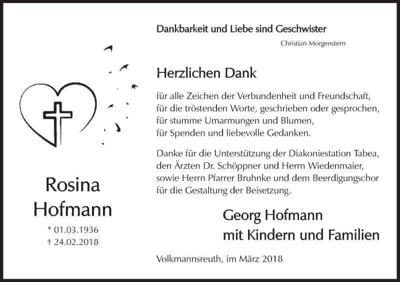  Traueranzeige für Rosina Hofmann vom 10.03.2018 aus MGO